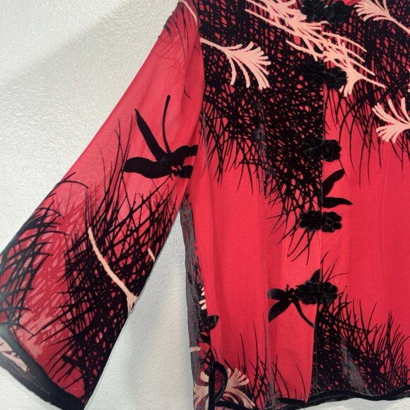 Aris A Velvet Top Asian Crane Stand Collar Silk Knot Kimono Boho Artsy Women's S - Picture 4 of 9